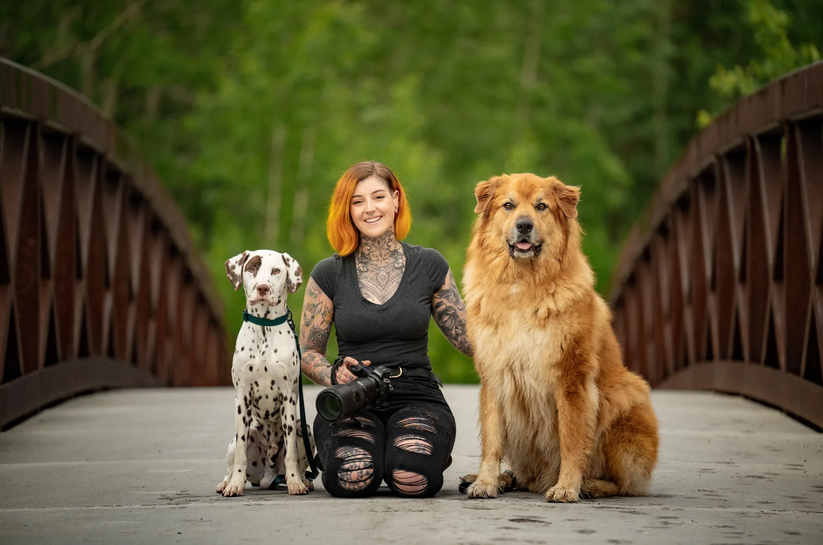 Dominique Comeau with a dog outdoors